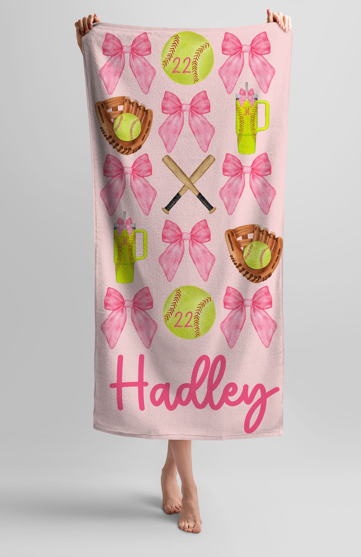 Personalized Softball with Bows Coquette Beach Towel