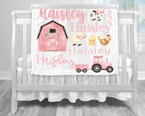 Personalized Pink Farm Animals Baby Blanket
