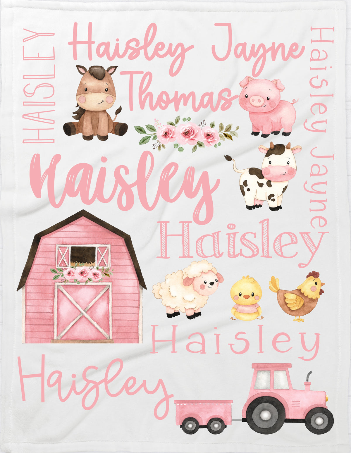 Personalized Pink Farm Animals Baby Blanket