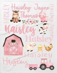 Personalized Pink Farm Animals Baby Blanket