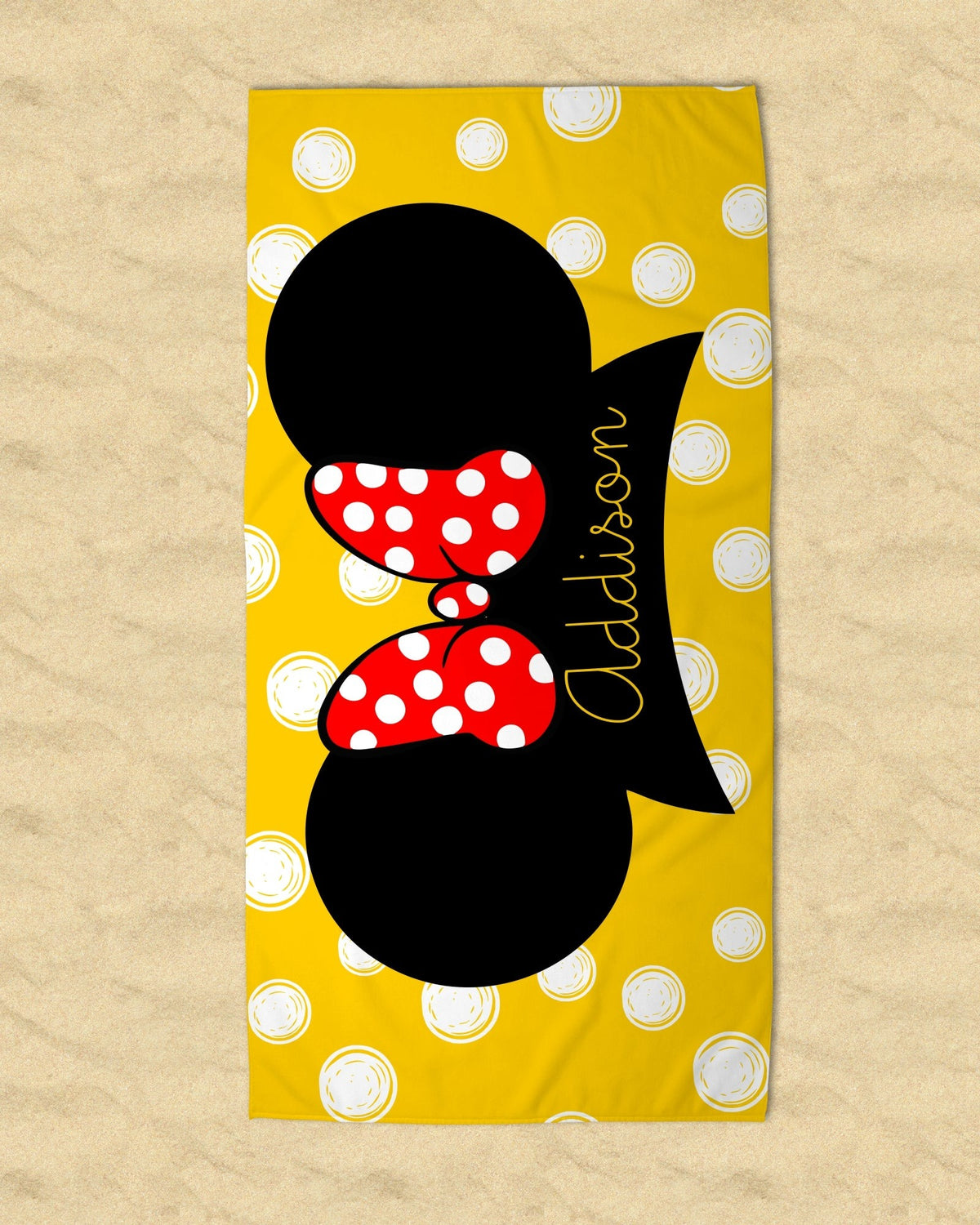 Personalized Mouse Ears with Bow Beach Towel-Yellow