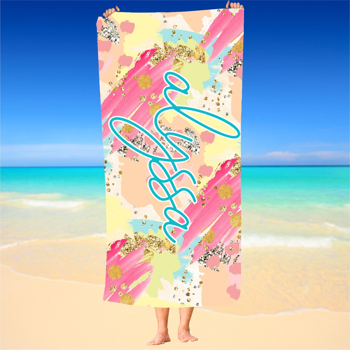 Personalized Turquoise and Hot Pink Beach Towel