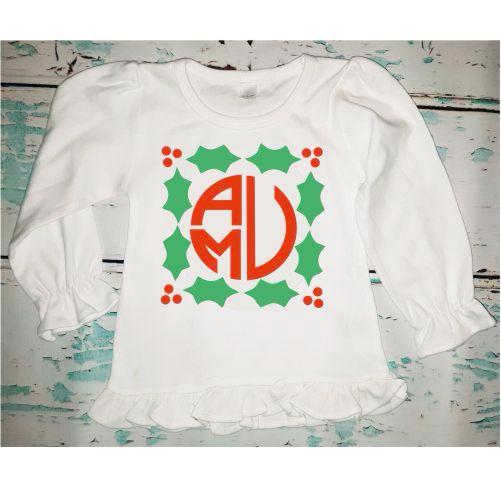 Personalized Monogrammed Girl's Christmas Holly Shirt