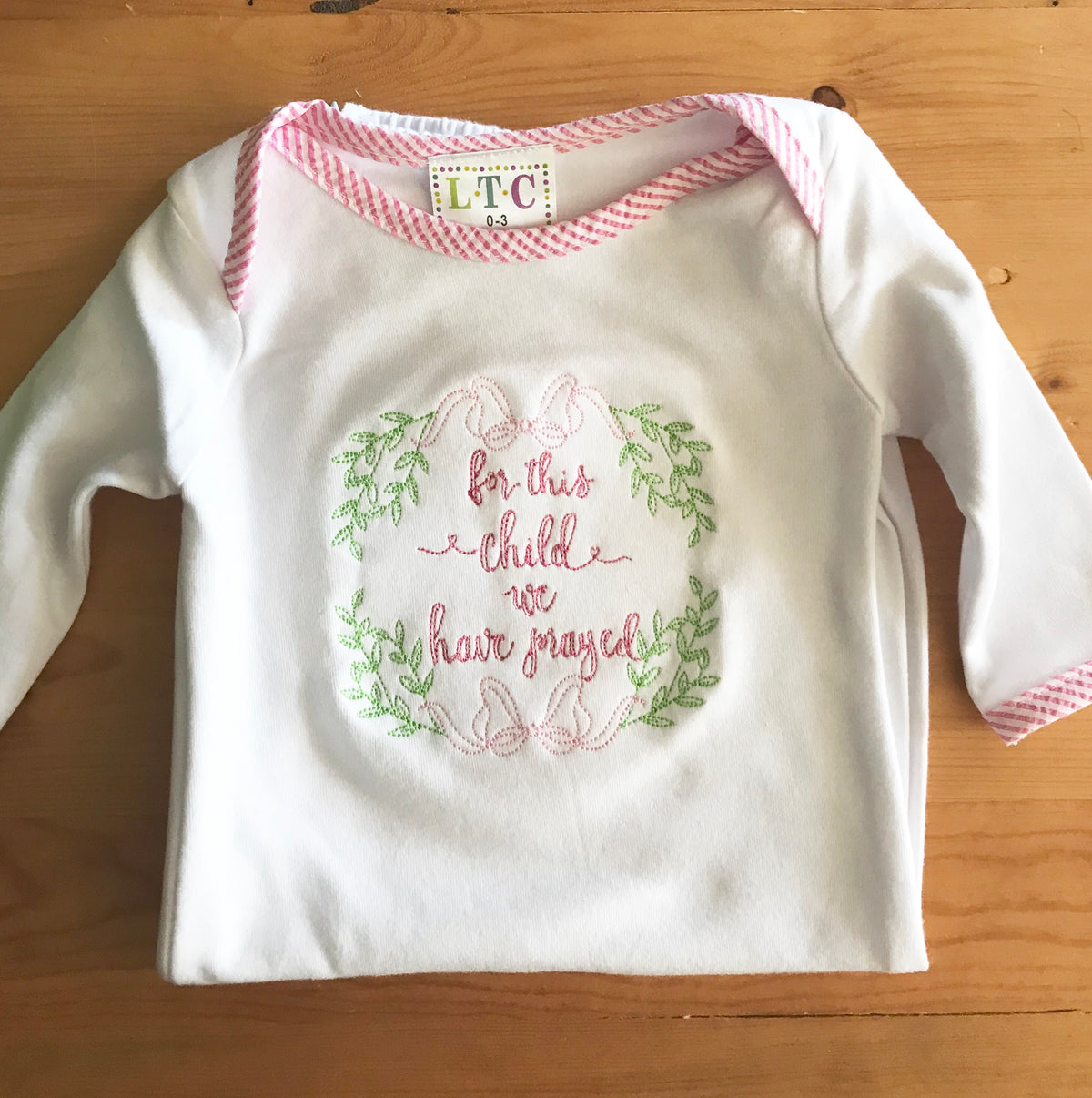 Seersucker Trim Baby Gown- “For this child we have prayed”