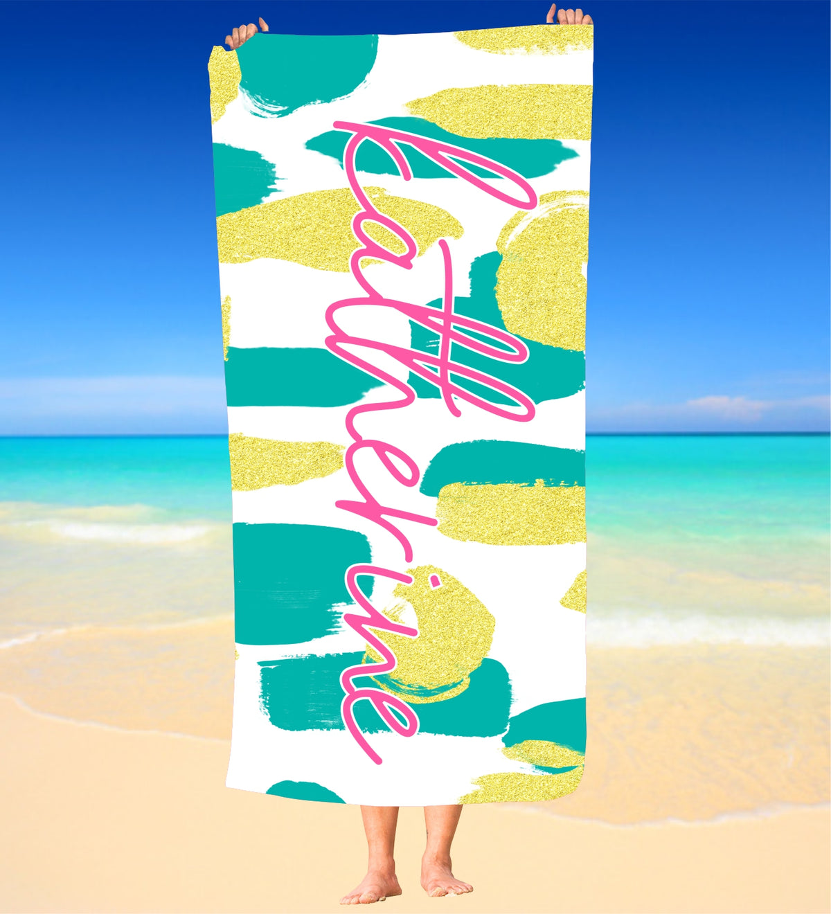 Personalized Aqua and Gold  Beach Towel