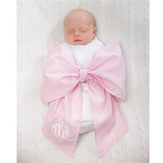 Seersucker Bow Swaddle Blanket